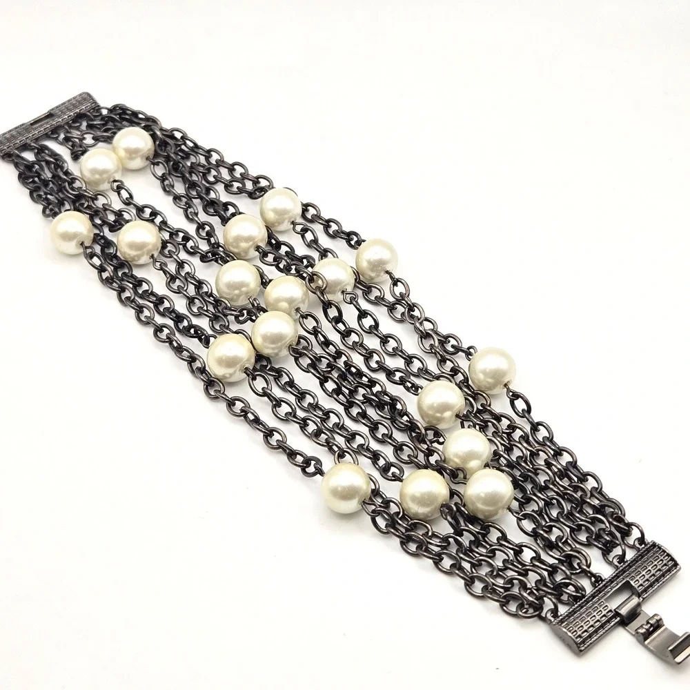 Multi Strand Dark Metal Chain Glass Faux Pearl Bracelet Fold Over Clasp Closure